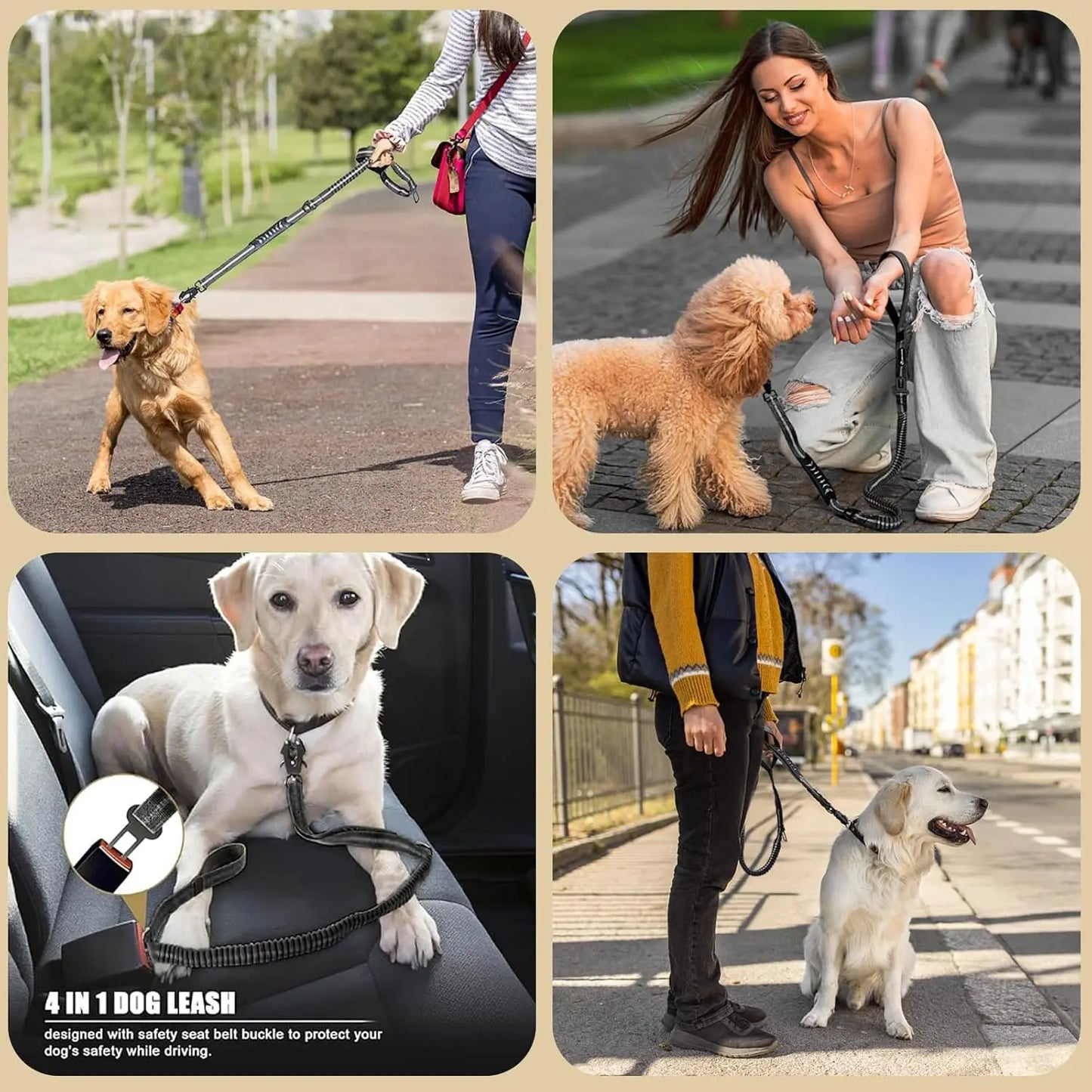 Reflective Shock Absorbing Tactical Dog Leash With Car Seatbelt