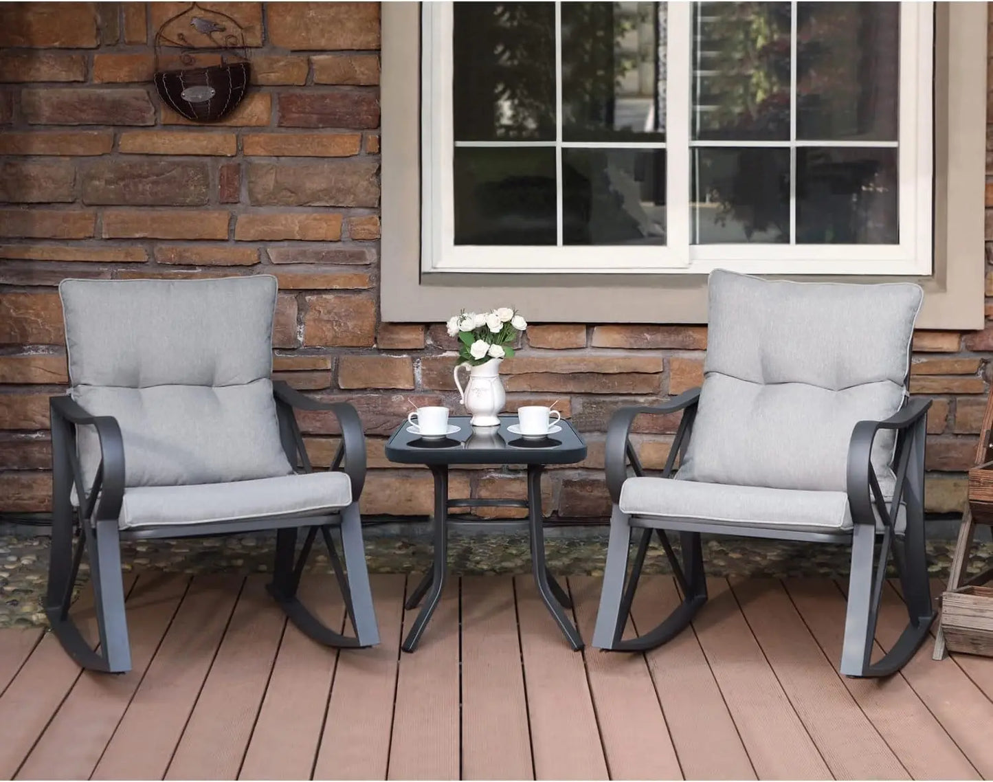 3-Piece Patio Rocking Chair Set with Gray Cushions and Glass Table for Garden, Pool, Backyard
