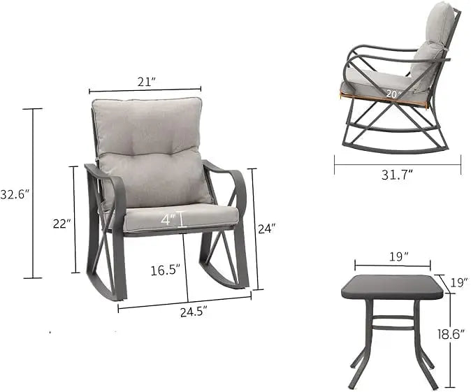 3-Piece Patio Rocking Chair Set with Gray Cushions and Glass Table for Garden, Pool, Backyard