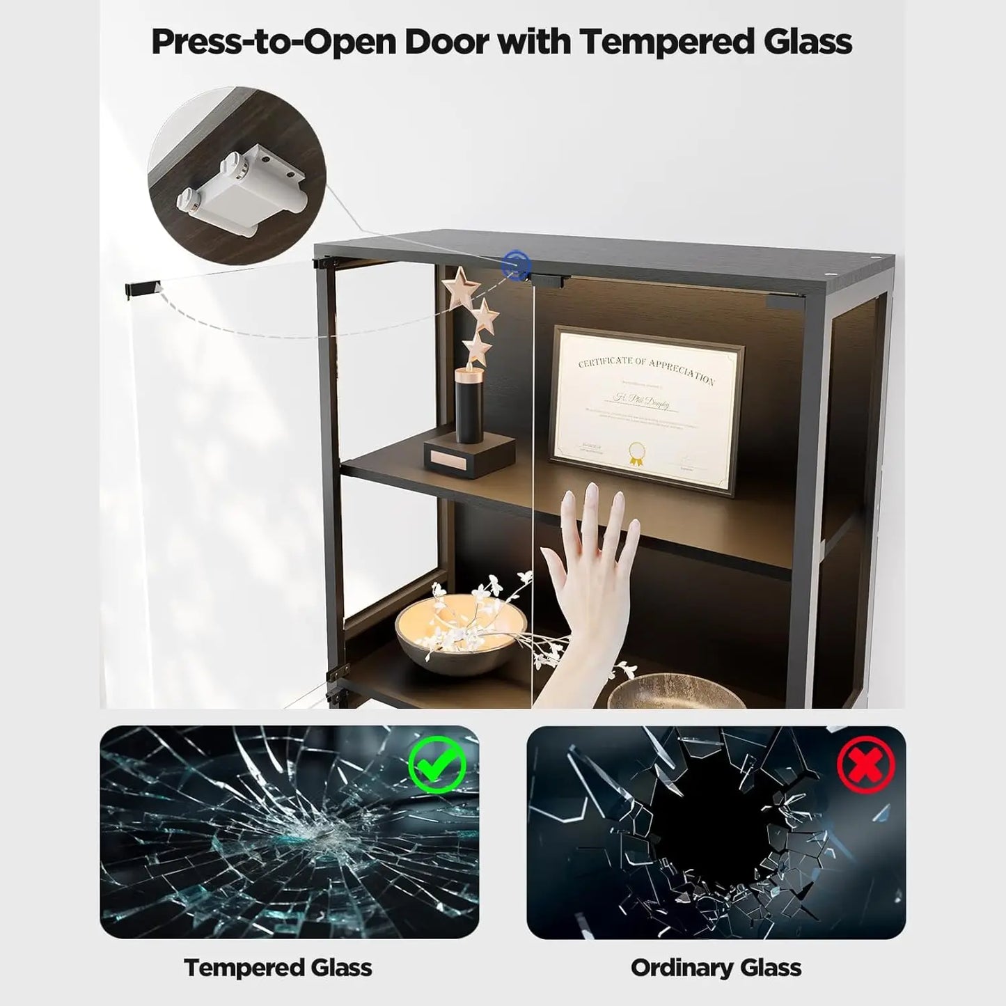 5-Tier Display Cabinet, Bookcase with Glass Doors, Dimming LED Lights & Motion Sensor, for Collectible Figures, Customized