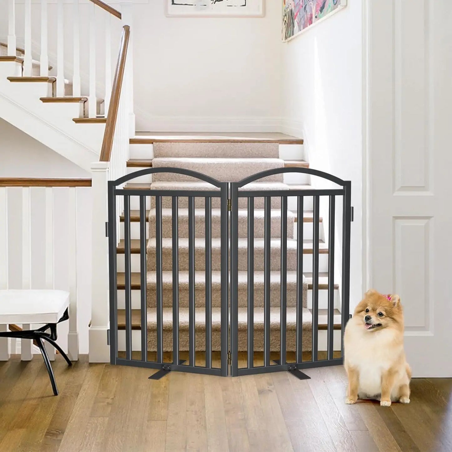 32'' Height Freestanding Dog Gate, Foldable Metal Pet Fence for Indoor and Outdoor Use, Black Color with 2 Panels
