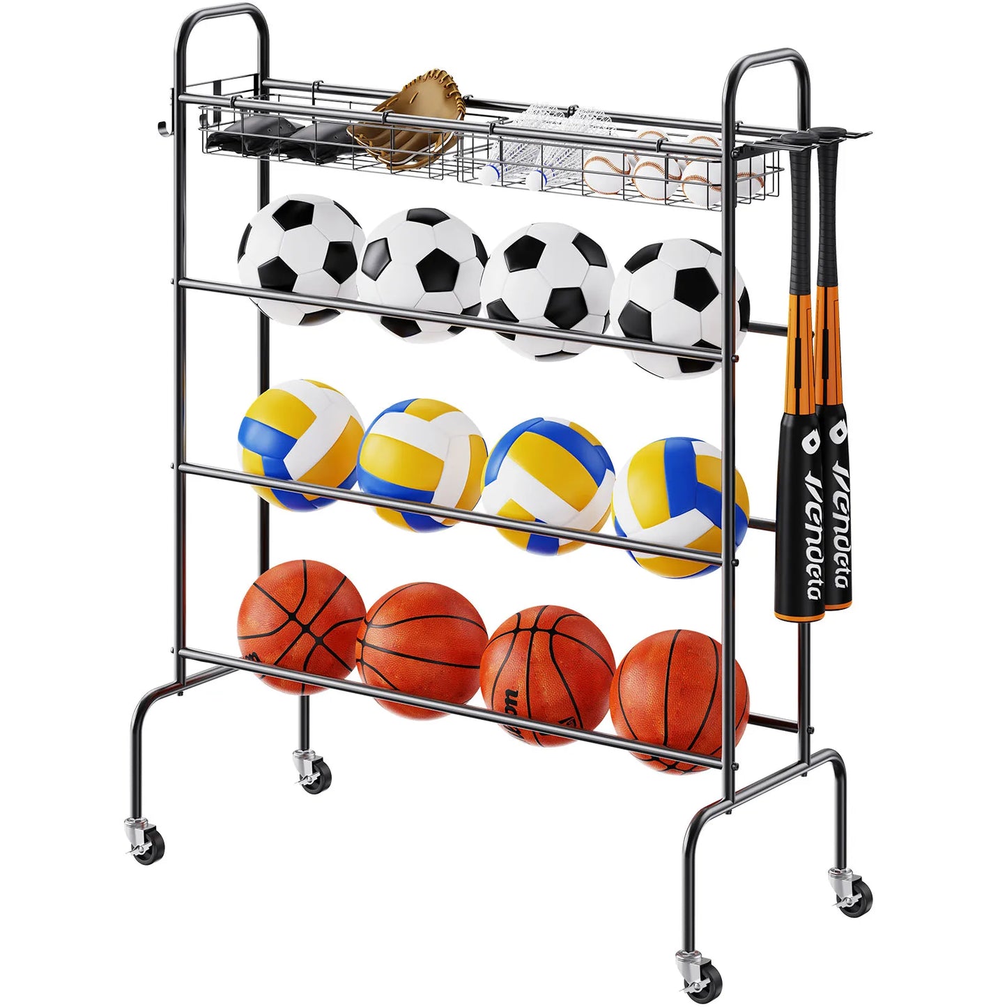 Four Layer Rolling Basketball Rack and Storage Organizer with Wheels