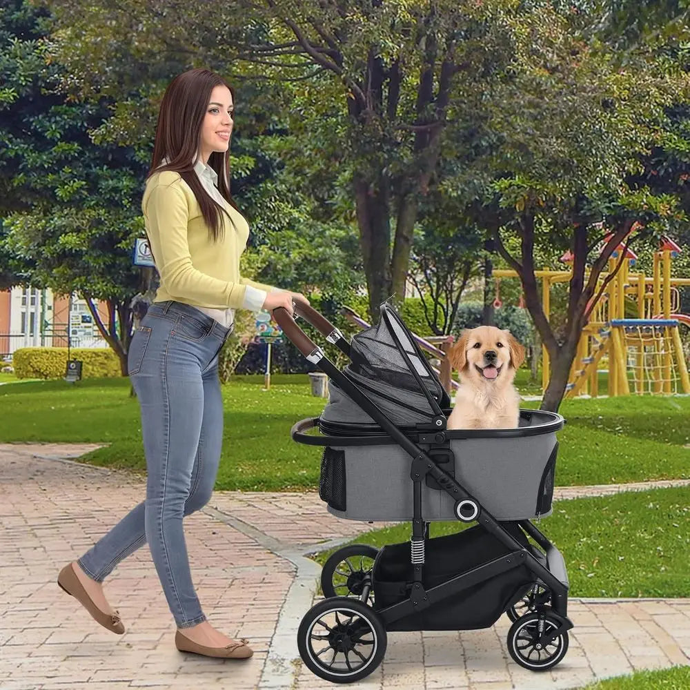 4-Wheel Folding Pet Stroller for Small/Medium Dogs & Cats up to 50lbs, Lightweight Travel Carrier with Detachable Cushion