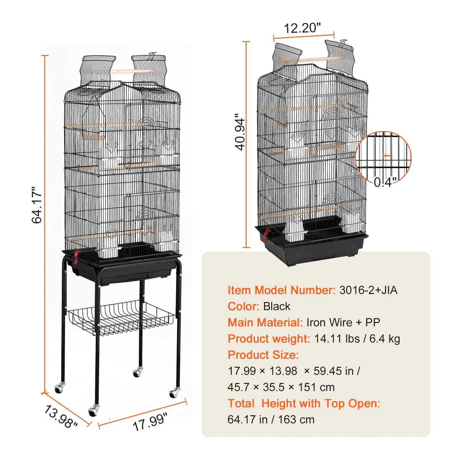 SucceBuy Open Top Large Parrot Cage With Swing And Perch