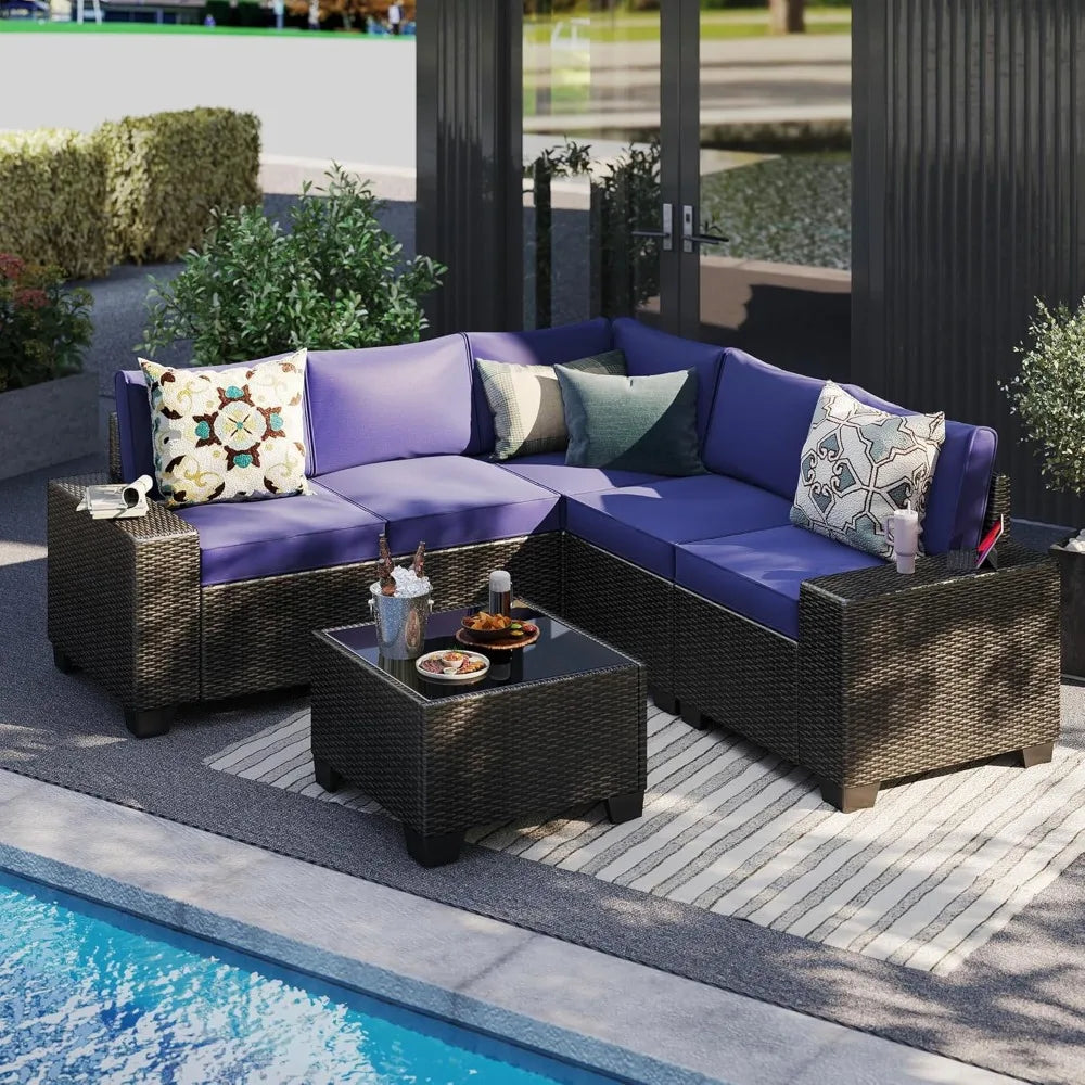 6 Pieces Patio Furniture Set, Outdoor Sectional Set of 6 w/Wide Armrest, Waterproof Wicker Conversation Set for Backyard, Deck,