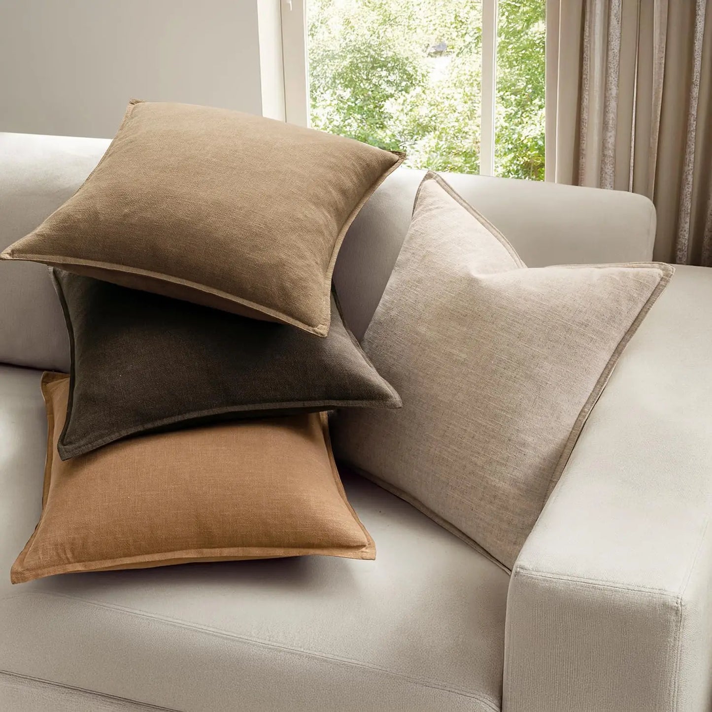 Neutral Brown Linen Pillow Covers Pack of 4, Soft Accent Boho Farmhouse Decor for Living Room Bed Sofa 20x20 Inch