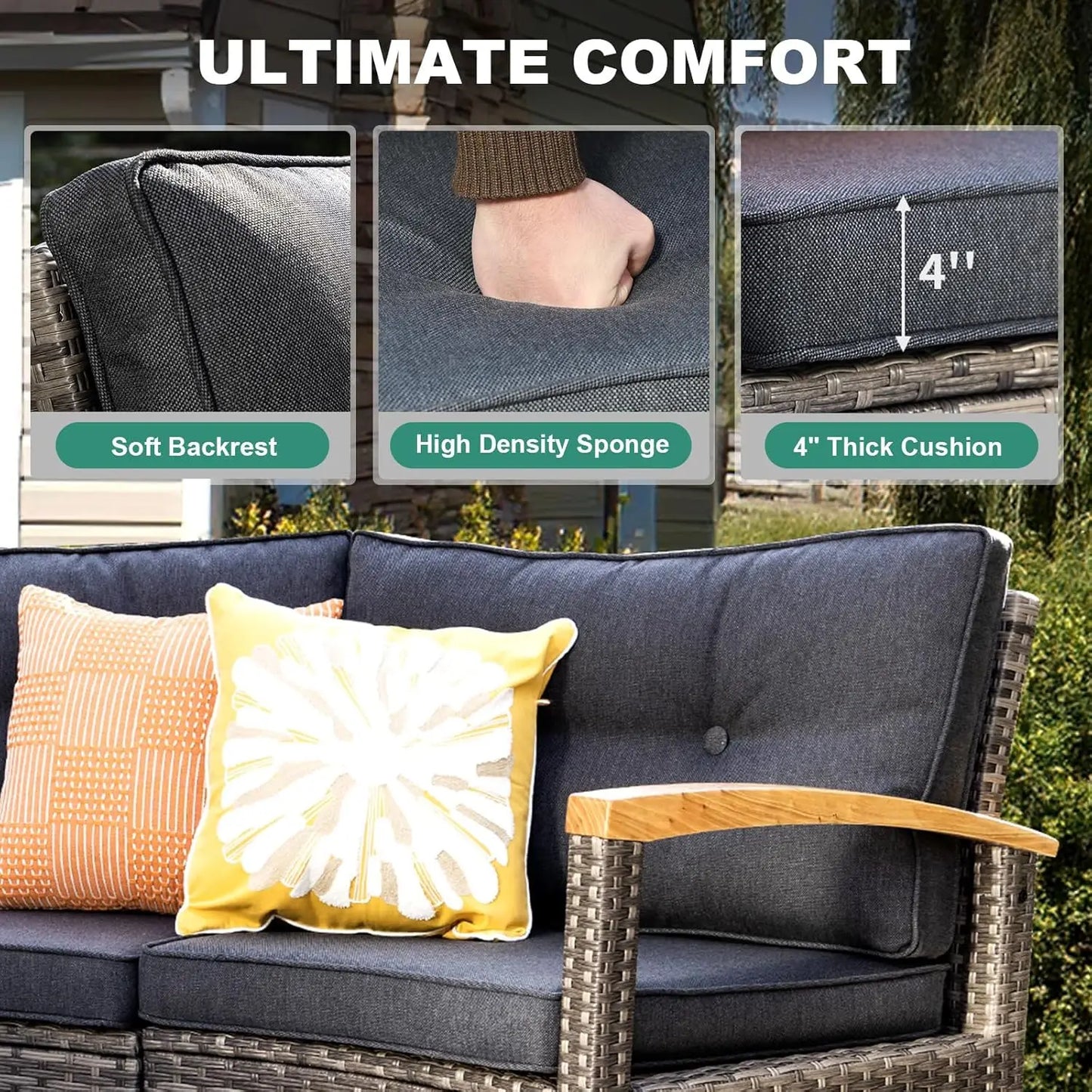 8 Piece Outdoor Patio Furniture Set, Half-Moon Curved Sectional Set With Wood Armrests, Patio Conversation Set, 2, Customized