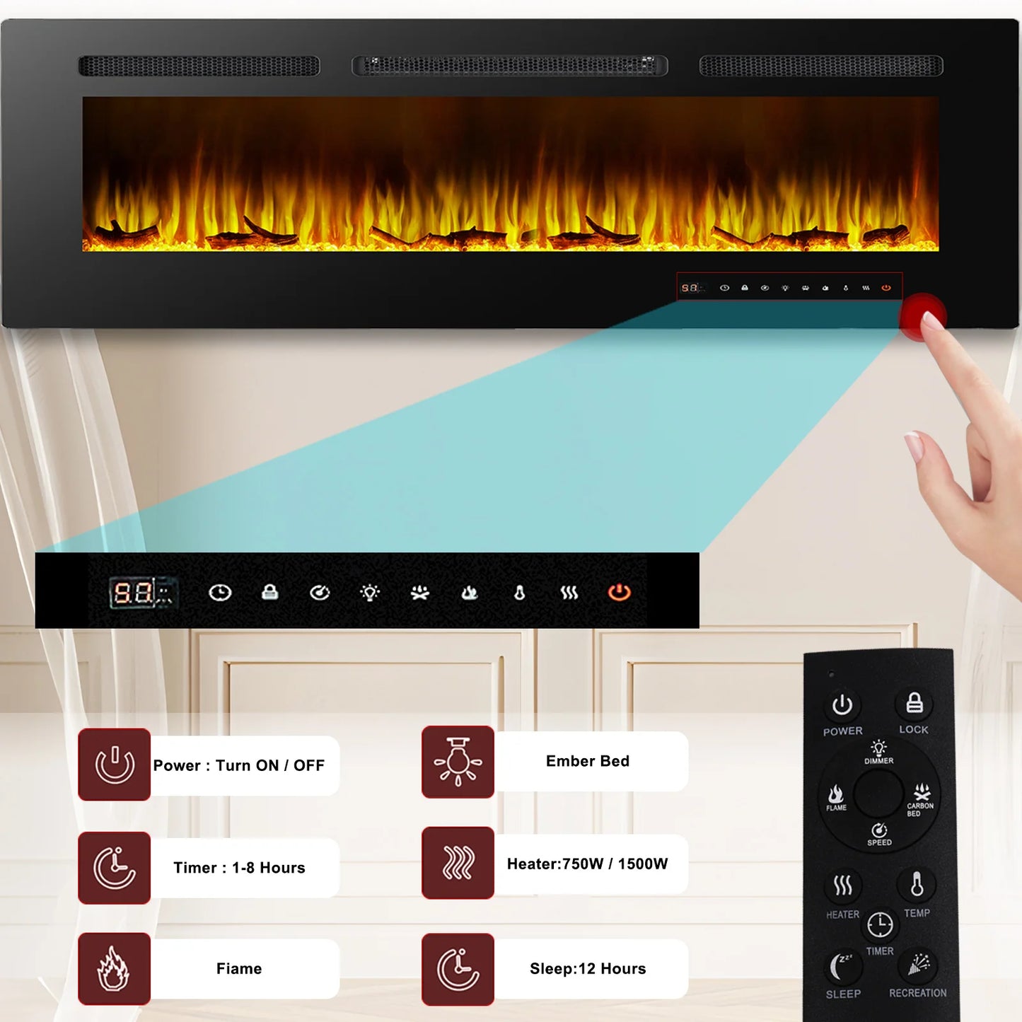 Electric Fireplace Recessed and Wall Mounted Low Noise Remote