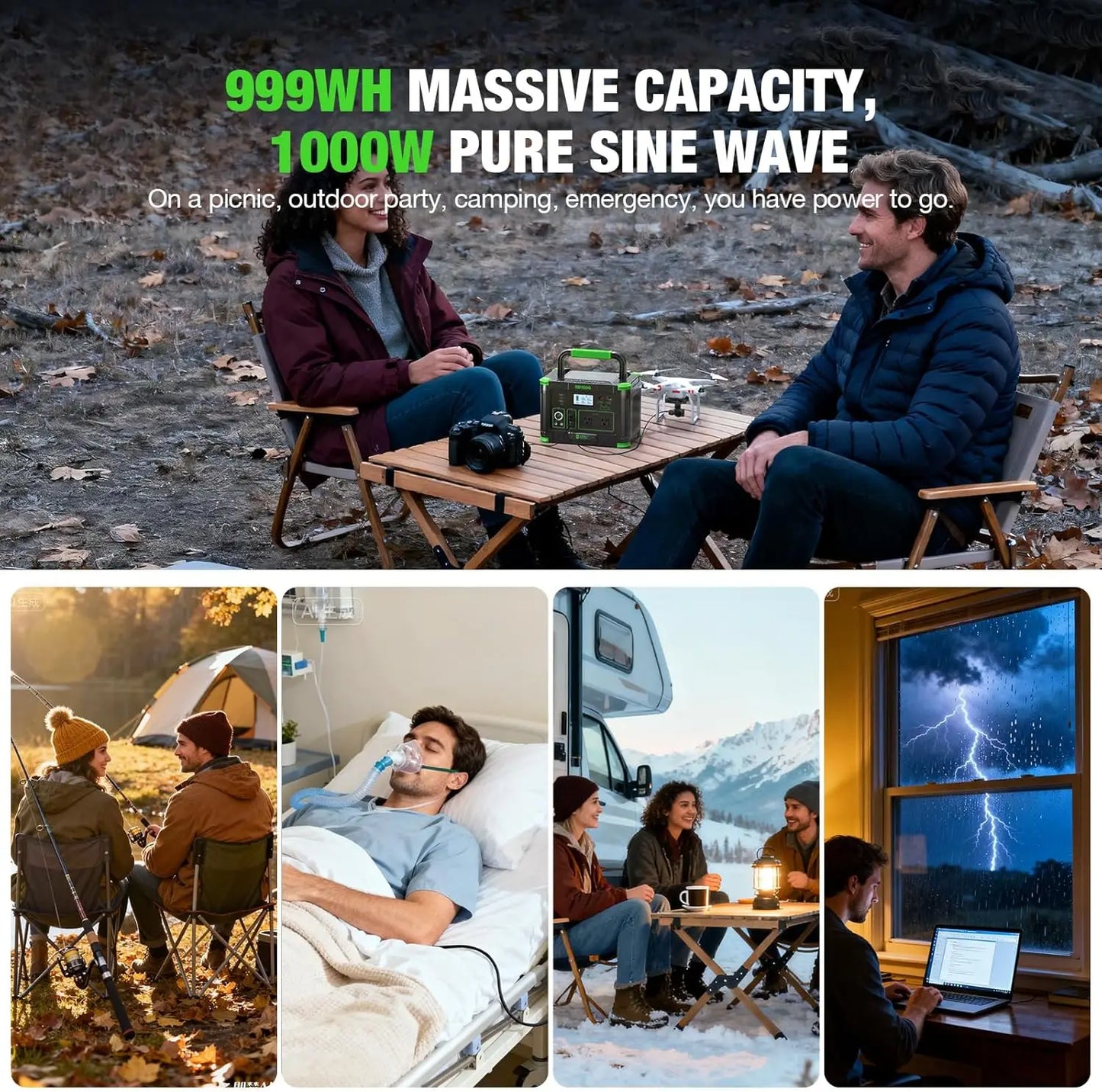 Portable Power Station 999Wh 1000W For Camping Wireless Charger
