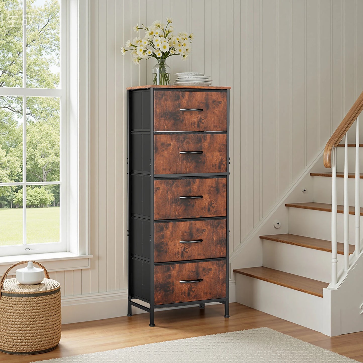JHK Five Fabric Drawers Bedroom Dresser With Steel Frame