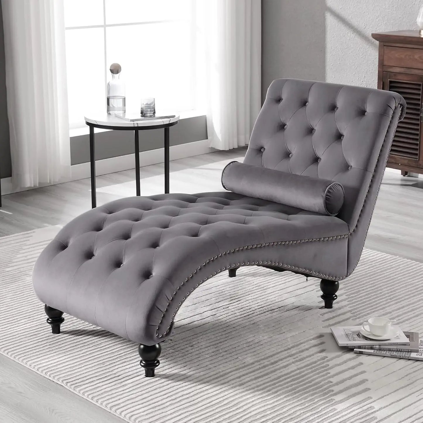Velvet Chaise Lounge Indoor Upholstered Chair With Pillow