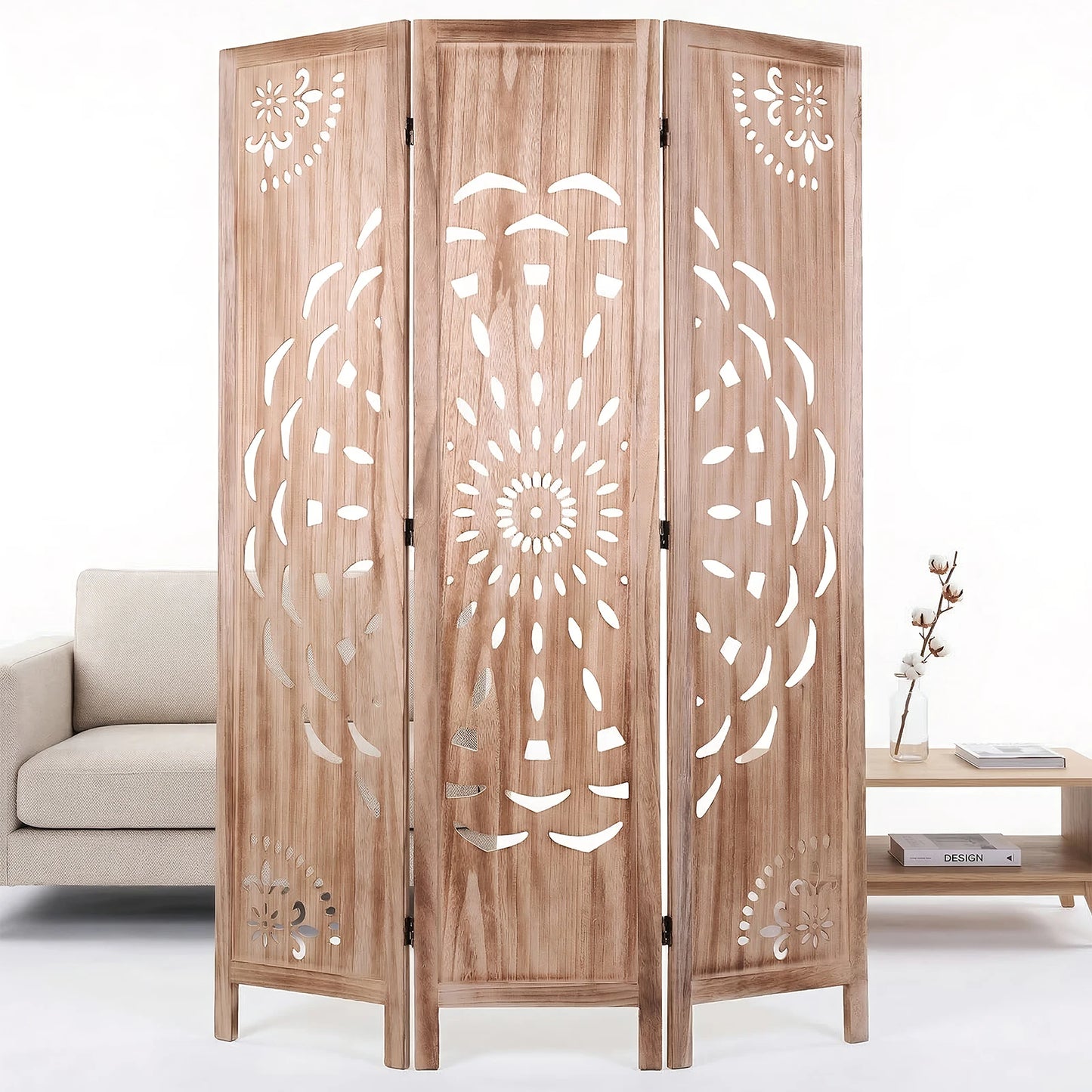 LAIMANEI Boho Wood Room Divider Privacy Screen Indoor Patio