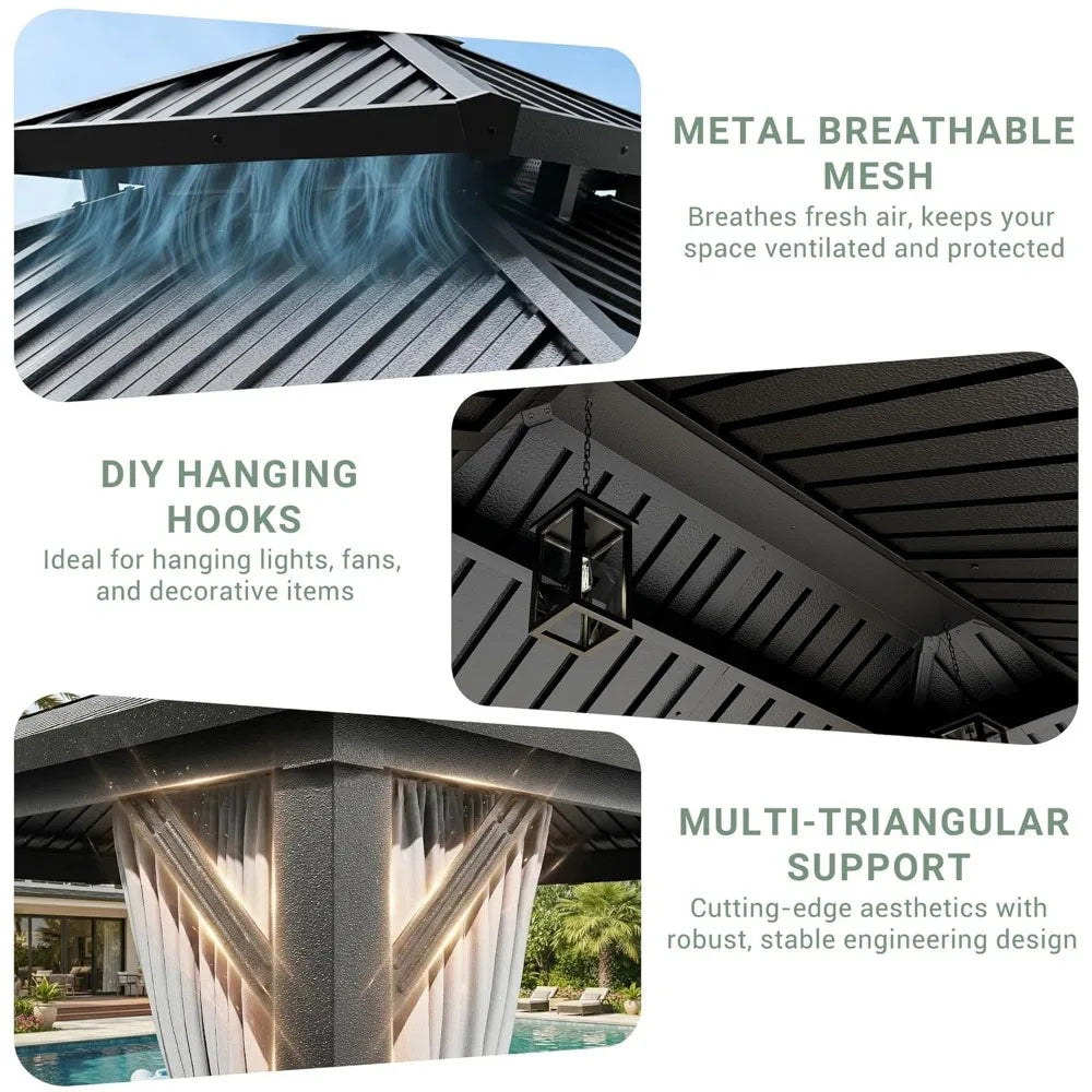 Hardtop Gazebo Aluminum Frame Double Galvanized Steel Roof Curtain & Netting Patio Backyard Deck Outdoor Canopy, Custom