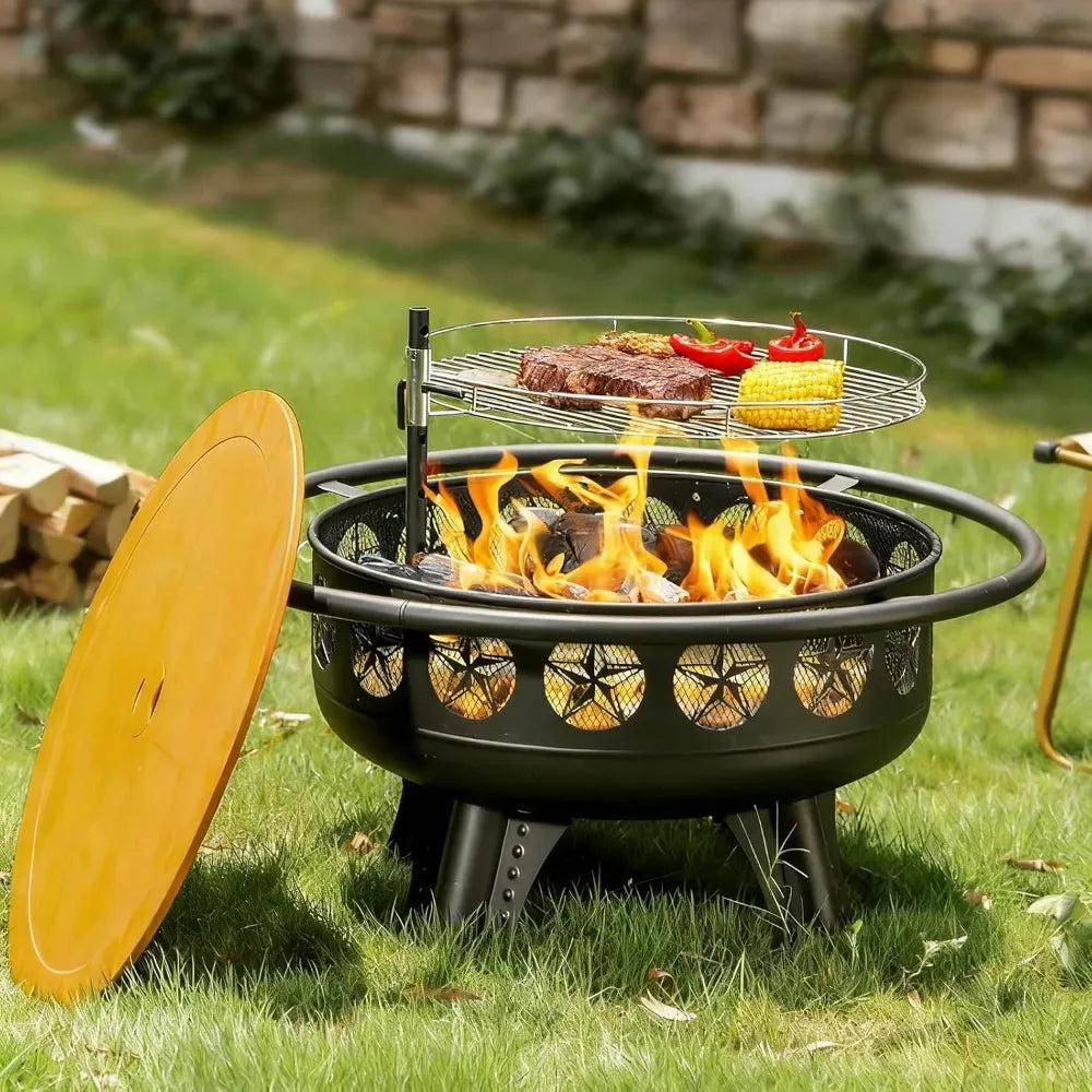 32 Inch Fire Pit with Swivel Cooking Grate,3-in-1 Wood Burning Firepit with Grill,Outdoor Fire Pits Table with Metal Customized