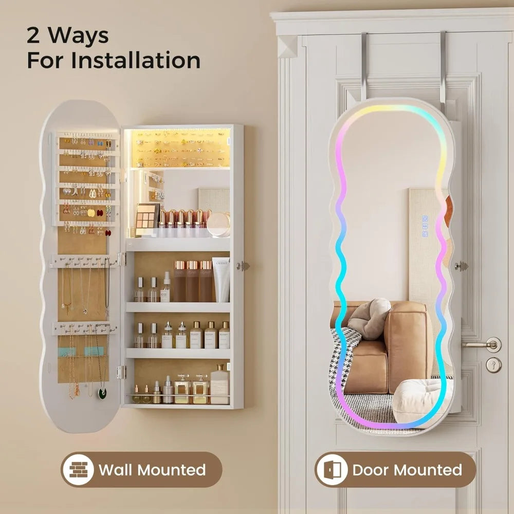 RGB Lighted Mirror Jewelry Cabinet With LED Storage And Mounting