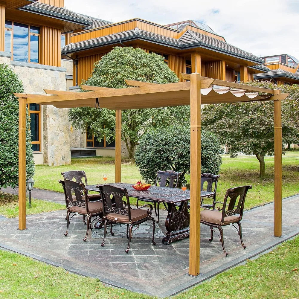 Outdoor Retractable Pergola Against Wall Sun Shade Canopy Metal Frame Patio Deck Garden Backyard Wood Look, Custom