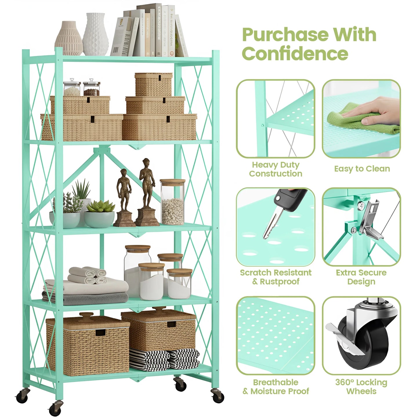 Five-Tier Foldable Storage Shelf Organizer With Wheels For Garage Kitchen