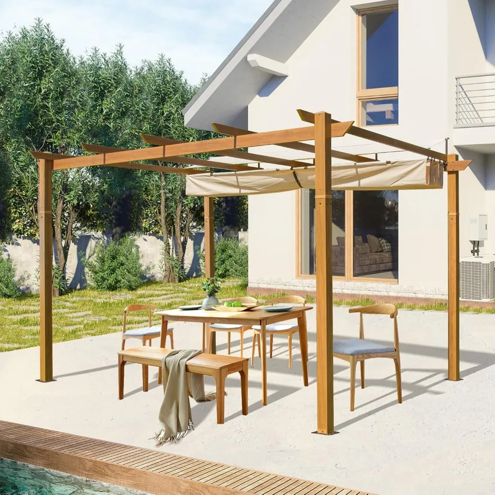 Outdoor Retractable Pergola Against Wall Sun Shade Canopy Metal Frame Patio Deck Garden Backyard Wood Look, Custom