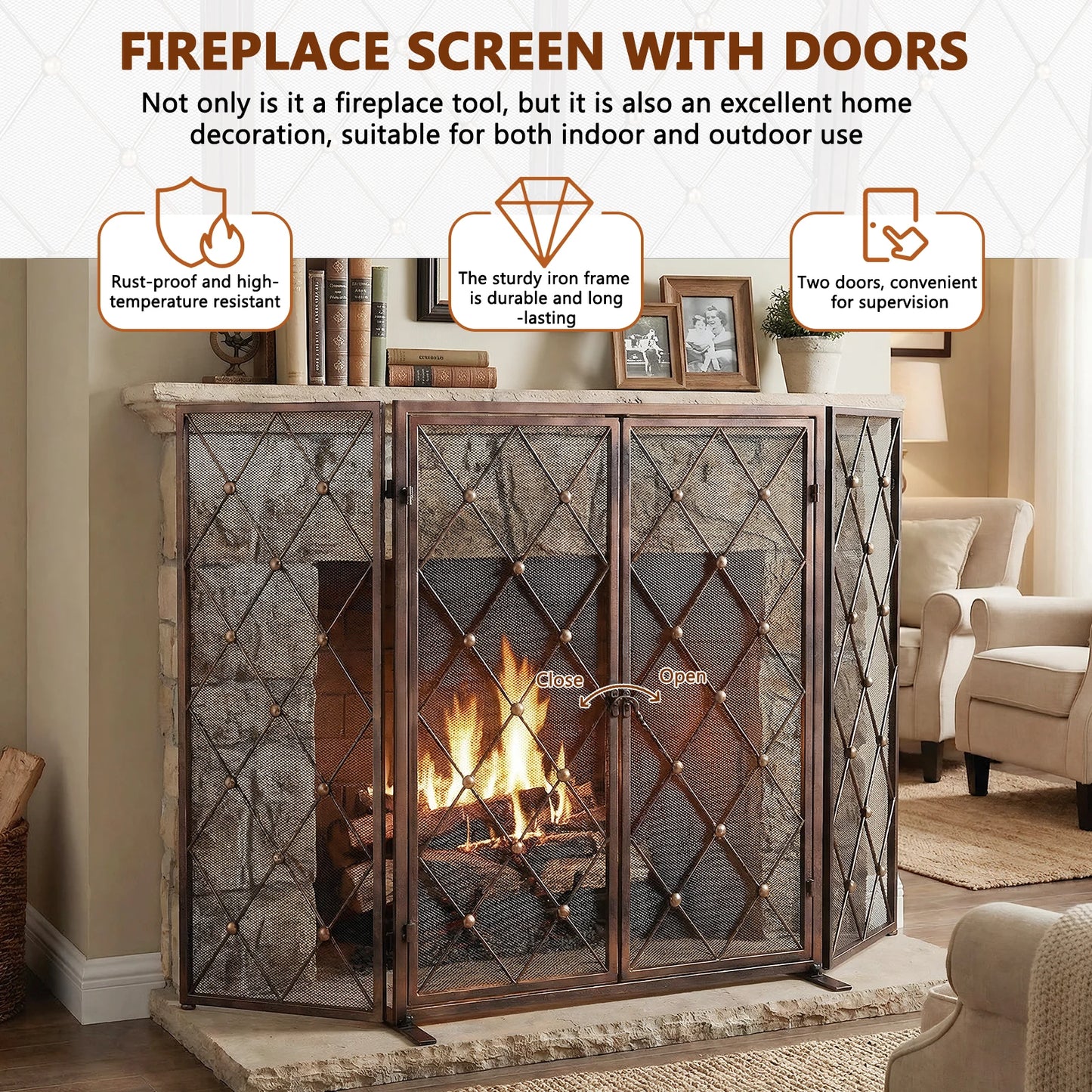 Fireplace Screen Wrought Iron Spark Guard For Gas Log Hearth
