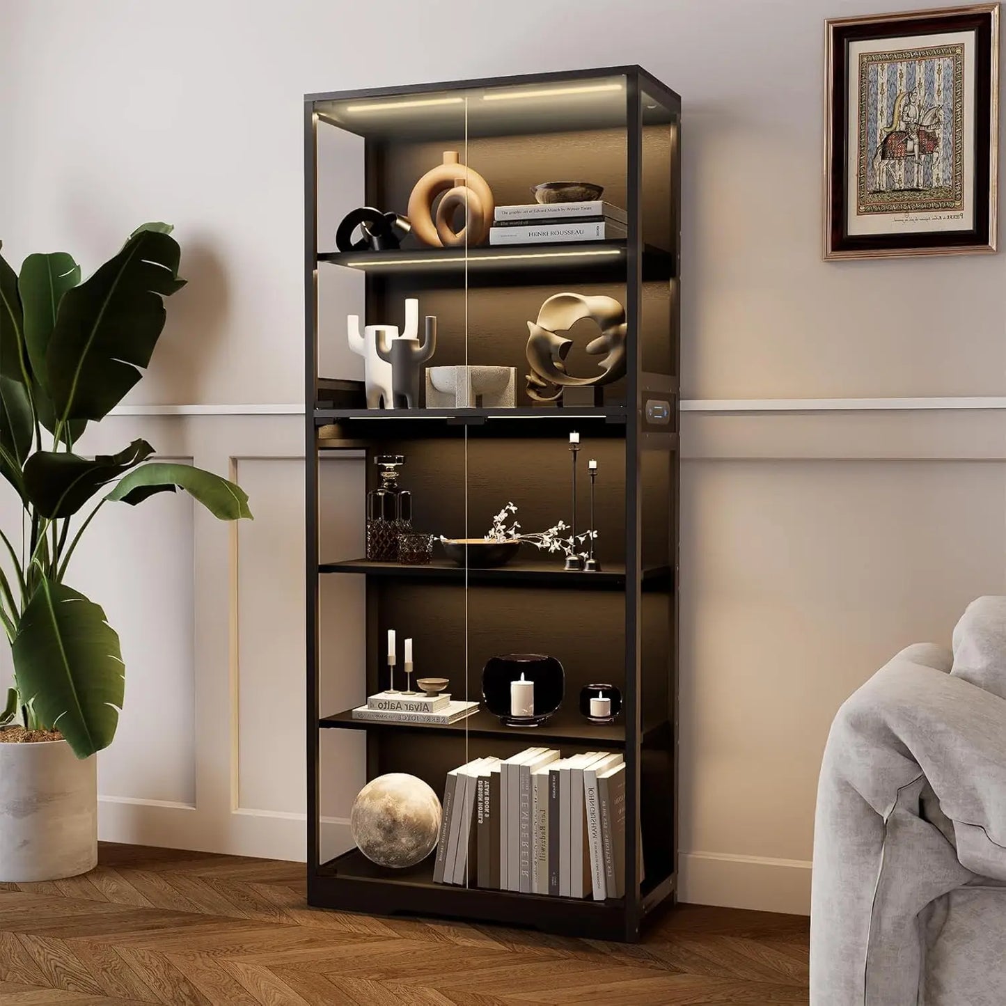 5-Tier Display Cabinet, Bookcase with Glass Doors, Dimming LED Lights & Motion Sensor, for Collectible Figures, Customized