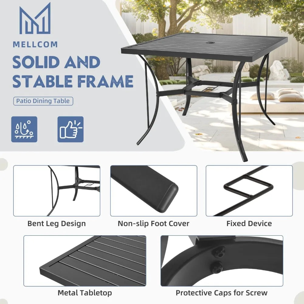5 Pcs Outdoor Dining Set, 4 Swivel Rocker Chairs with Thick Cushions & Square Dining Table with Umbrella Hole, Patio Furniture