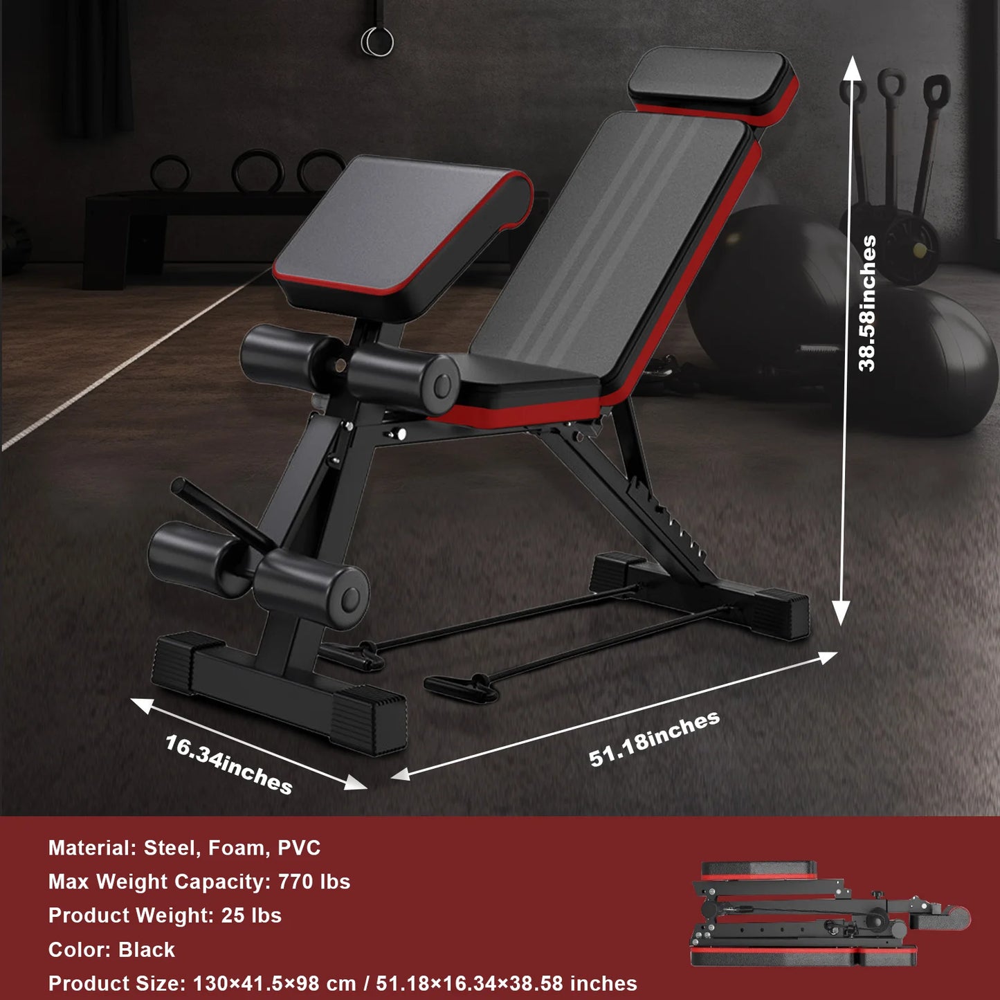 Adjustable Weight Bench 7-Level Foldable with Extended Headrest Leg Extension Incline Decline Bench 770 lbs Full-Body Strength