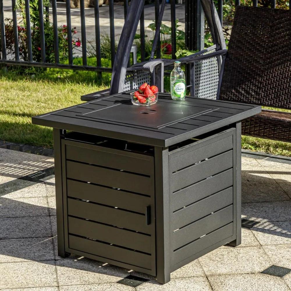 28 Inch Propane Fire Pit Table, Outdoor Gas Fire Pits with Lid & Lava Rock, 50000 BTU Firepit for Dinning, Party in Outside