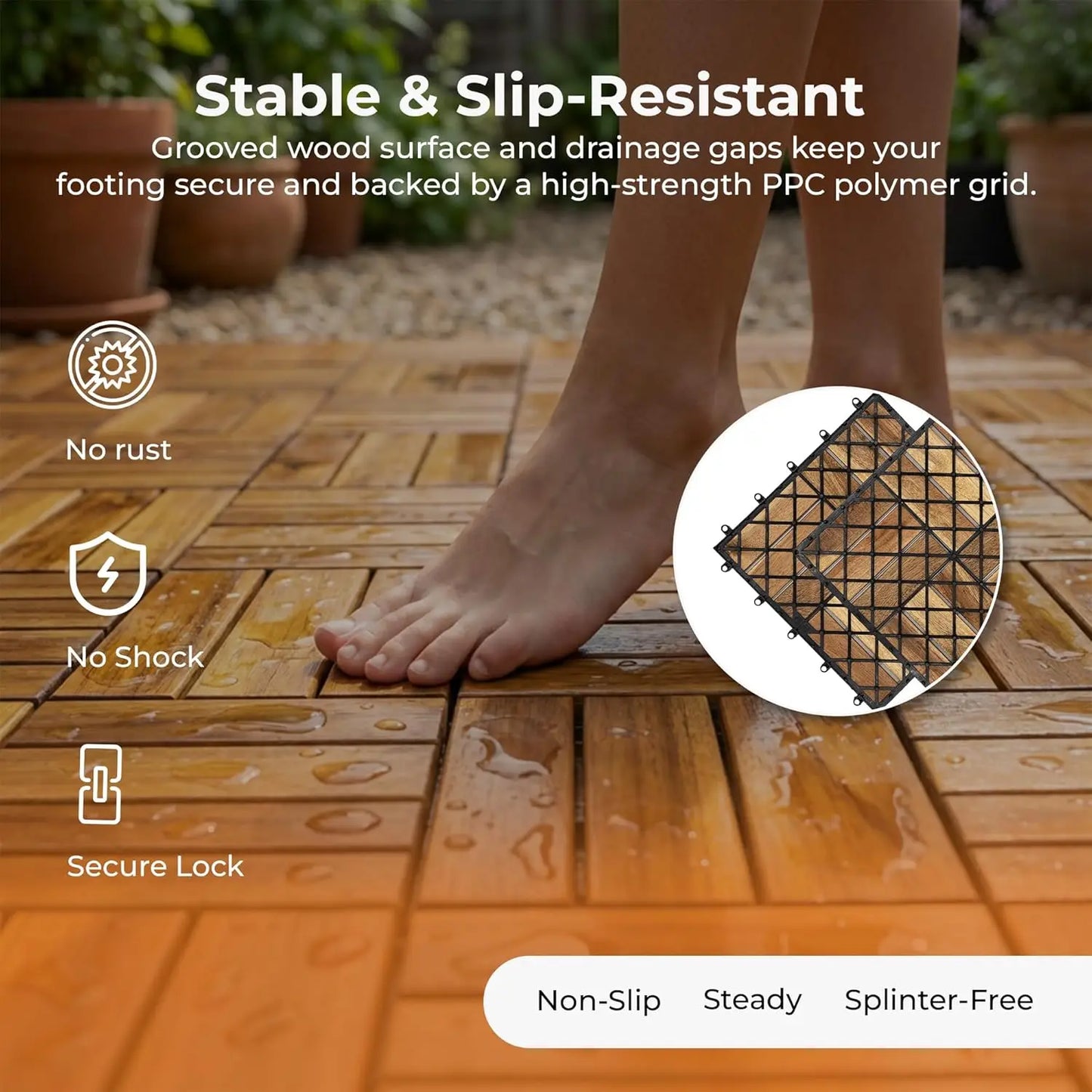Interlocking Slat Deck Tiles 12'x12'– Stylish Patio Tiles for Outdoor Flooring–Durable Acacia Wood