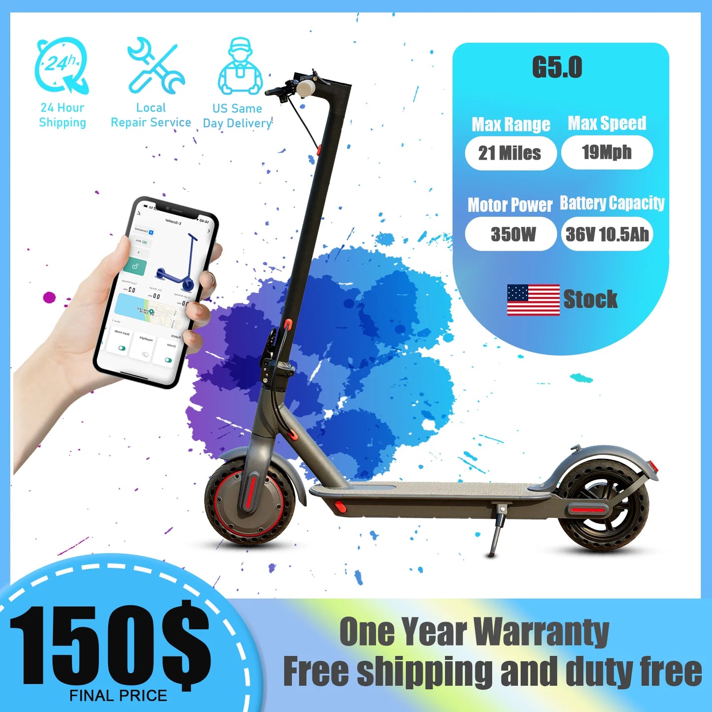 G5.0 Electric Scooter 36V 10.5Ah Long Range Foldable
