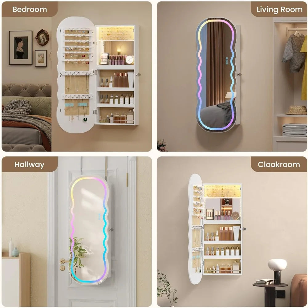 RGB Lighted Mirror Jewelry Cabinet With LED Storage And Mounting