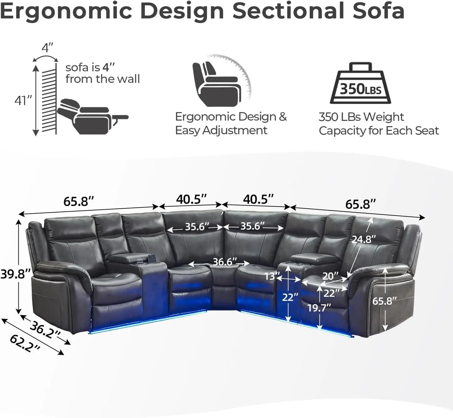 TODRANIC Power Recliner Sectional Sofa With USB LED Lights