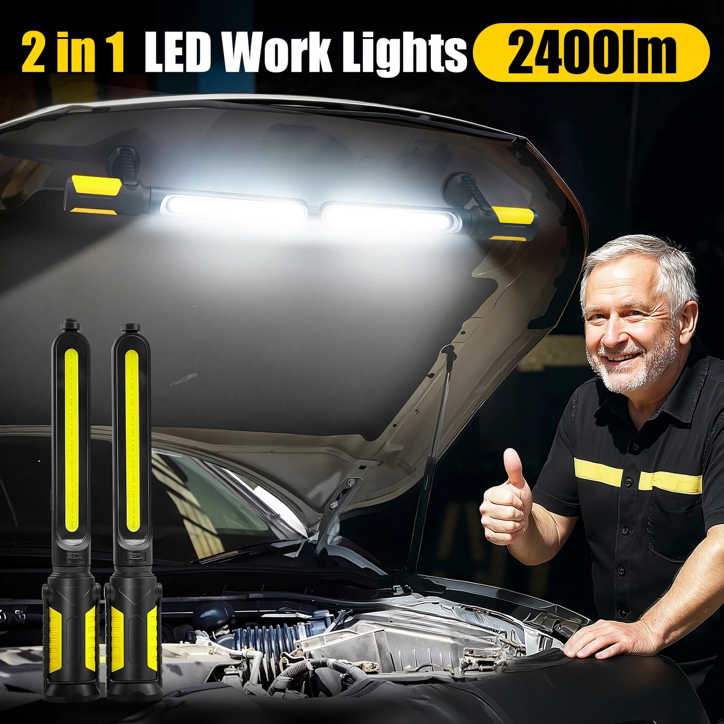 Dual Magnetic Work Lights 2 in 1, 2400LM Rechargeable Underhood Light,360° Rotation with Hooks for Car Repair, Garage, Emergency