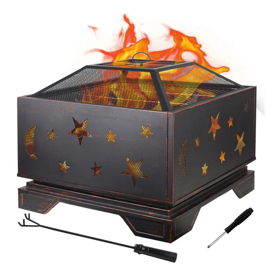 Square Wood Burning Fire Pit With Grill And Spark Screen