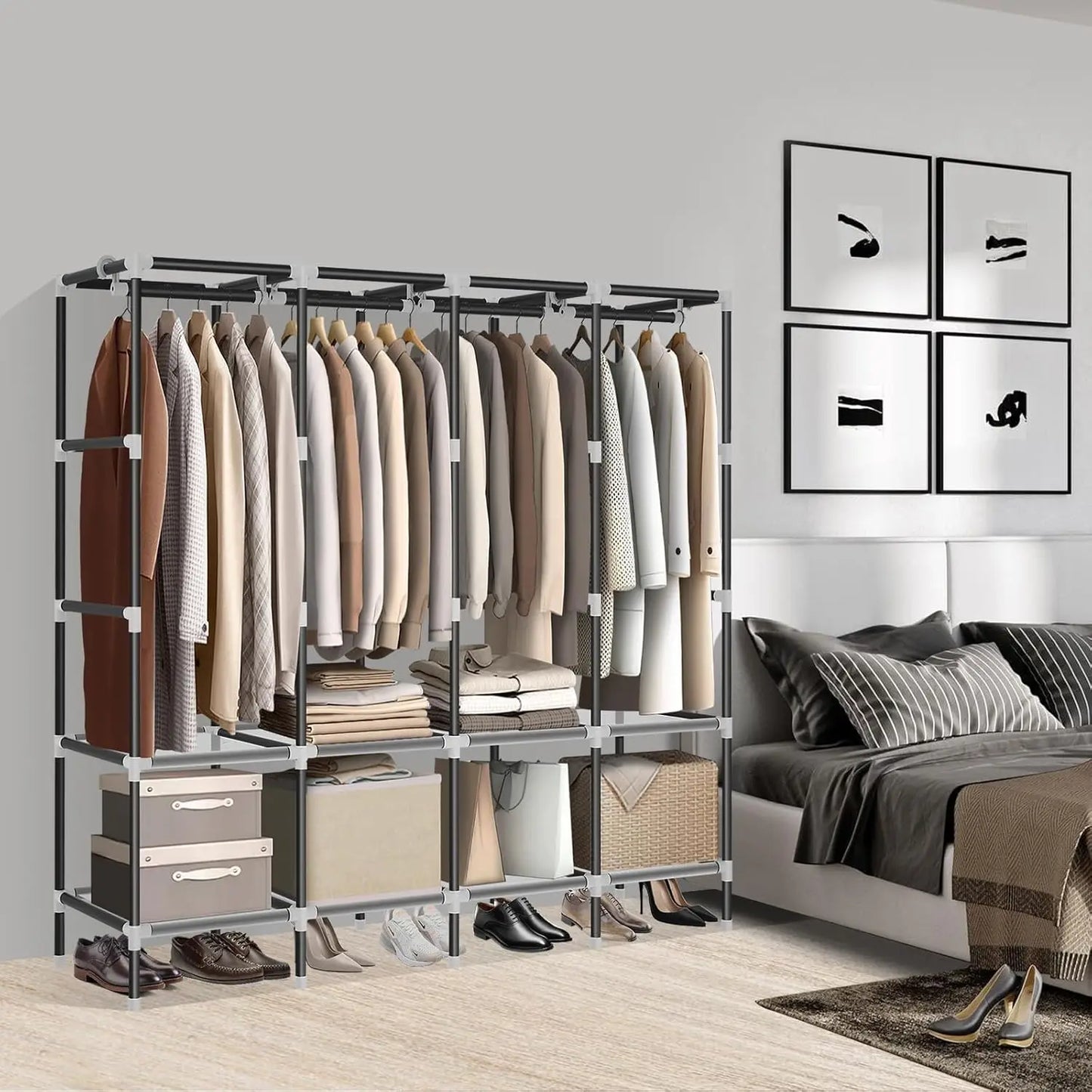 Portable Wardrobe Closet With Zippers Steel Frame 4 Shelves