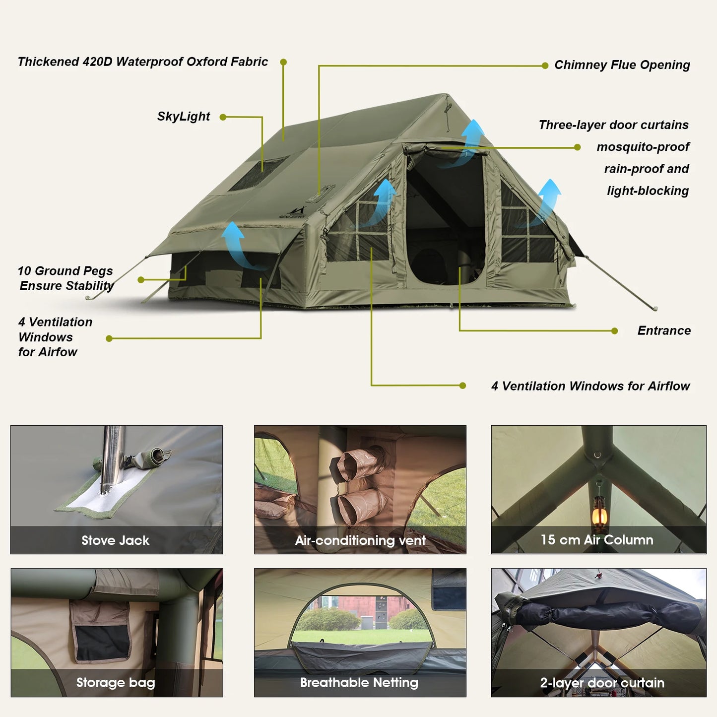 SENLEETO Army Green Waterproof Windproof Tent For Camping