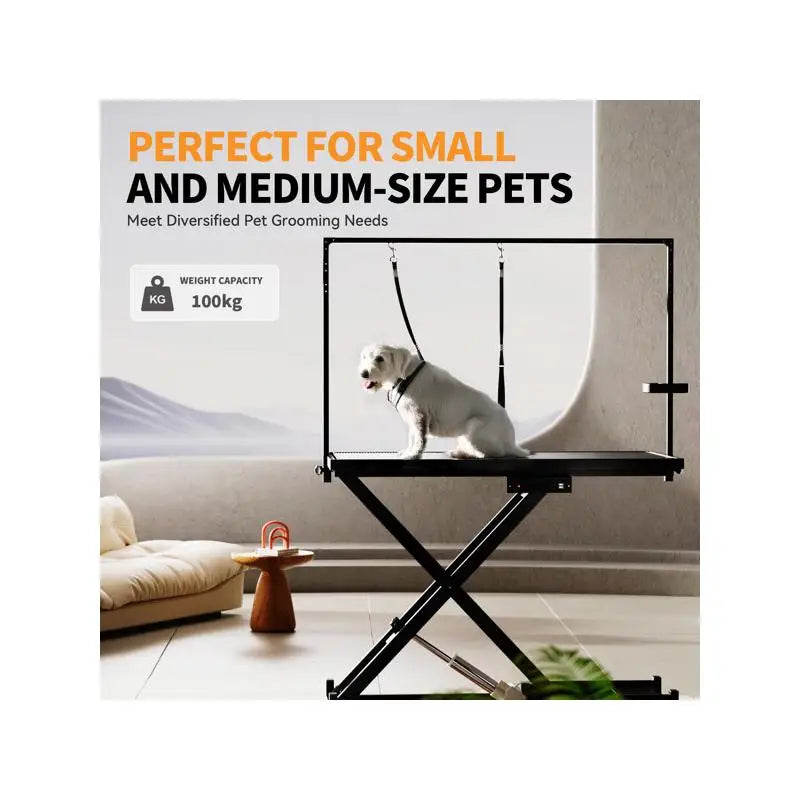 Heavy Duty Adjustable Electric Dog Grooming Table with Leveling Wheels, Anti-Slip Top, and Tool Organizer (50", Black)