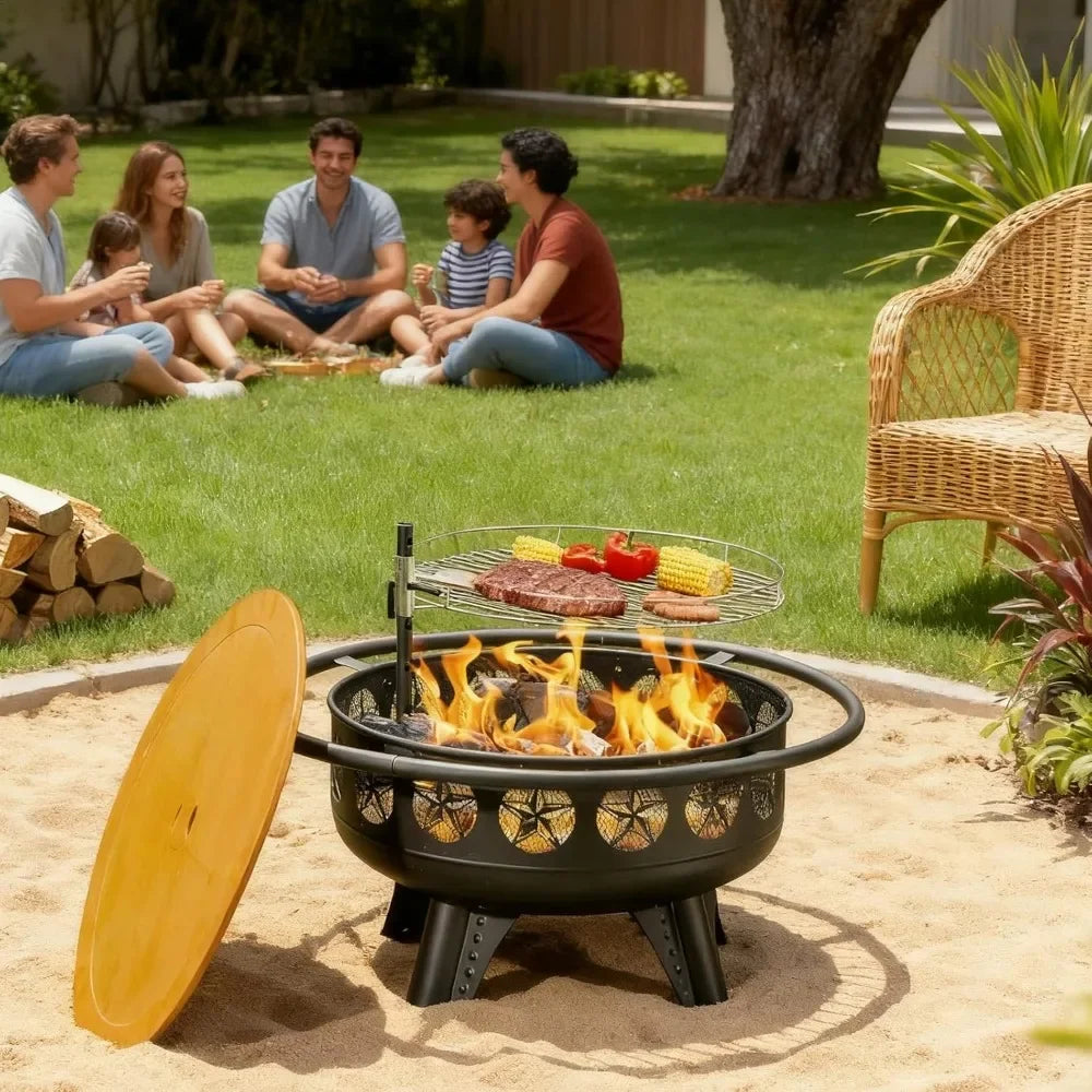 32 Inch Fire Pit with Swivel Cooking Grate,3-in-1 Wood Burning Firepit with Grill,Outdoor Fire Pits Table with Metal Customized