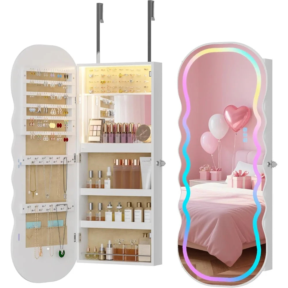 RGB Lighted Mirror Jewelry Cabinet With LED Storage And Mounting