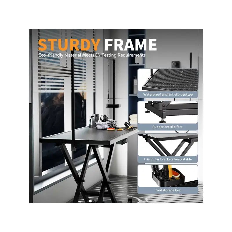 Heavy Duty Adjustable Electric Dog Grooming Table with Leveling Wheels, Anti-Slip Top, and Tool Organizer (50", Black)