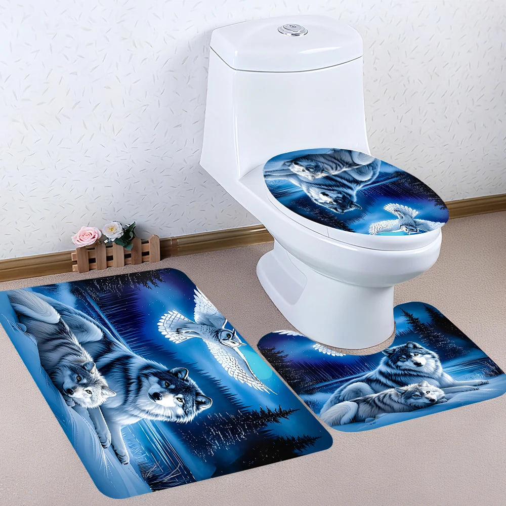 Snow Wolf Bathroom Four-piece Set - Avant-garde Waterproof Shower Curtain, creating a complete bathroom kit