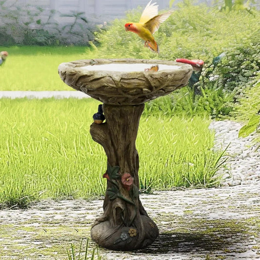 25.5” H Concrete Birdbaths for Outdoors, Large Woodland Tree Trunk Yard Statue Decoration, Vintage Birdbath