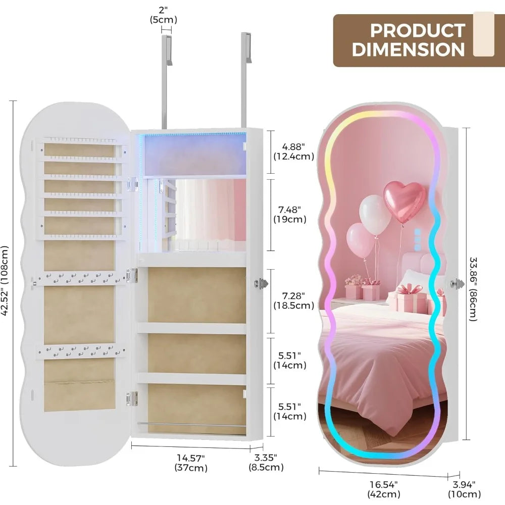 RGB Lighted Mirror Jewelry Cabinet With LED Storage And Mounting