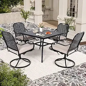 5 Pcs Outdoor Dining Set, 4 Swivel Rocker Chairs with Thick Cushions & Square Dining Table with Umbrella Hole, Patio Furniture