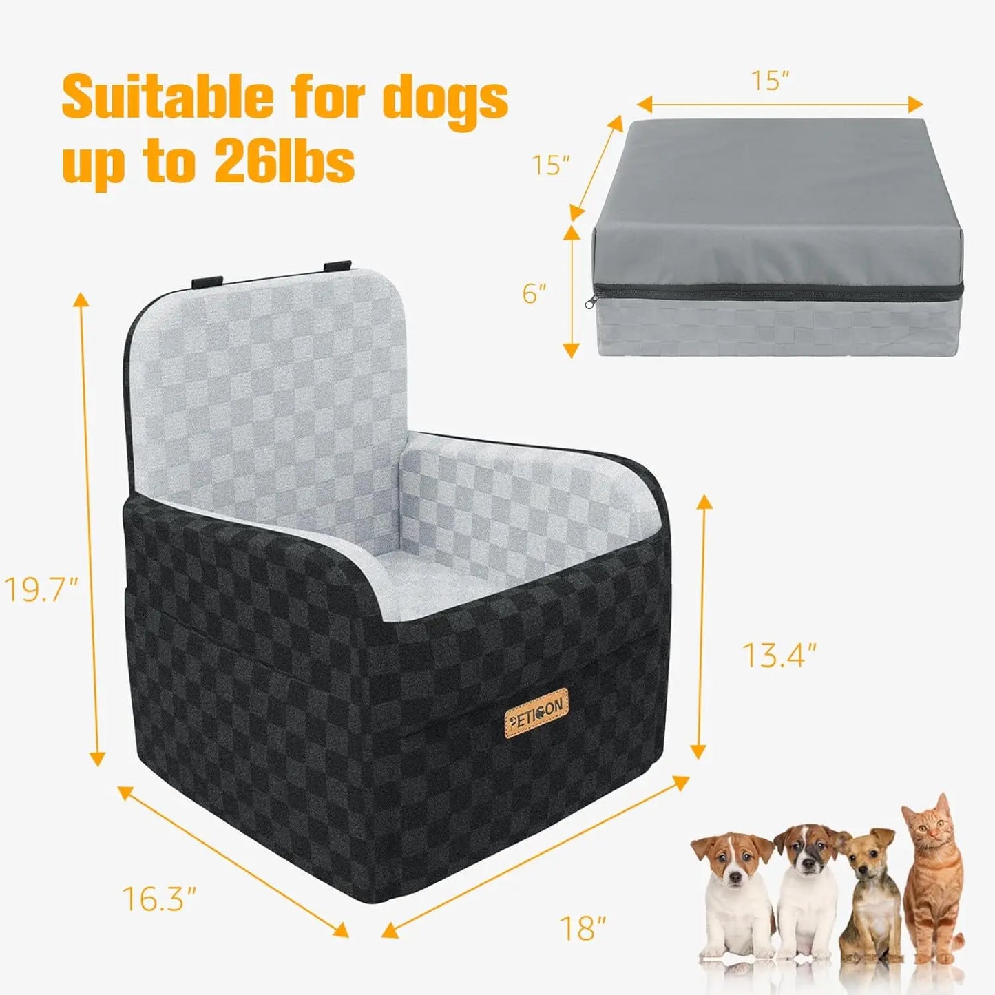 Waterproof Dog Car Seat with Memory Foam, Y-Shape Safety Belt for Small Medium Dogs up to 26 lbs