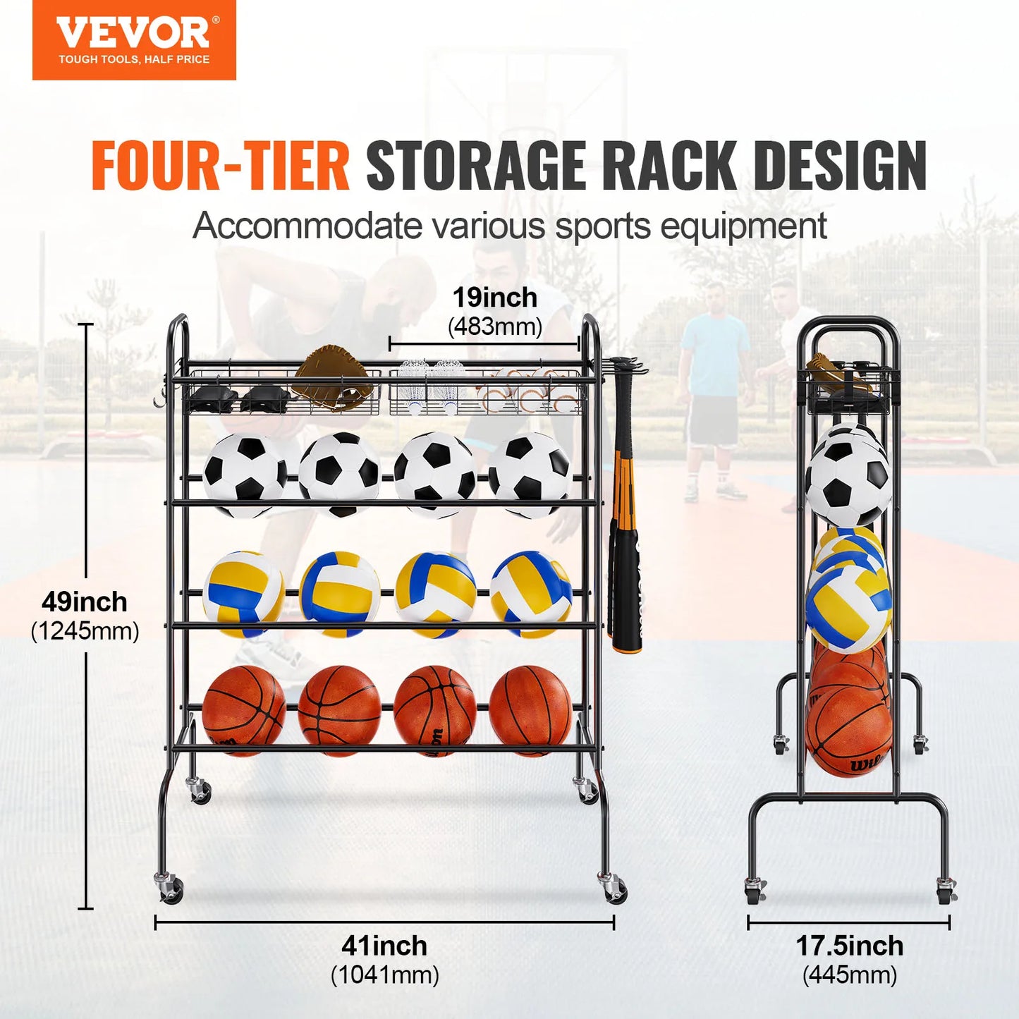 Four Layer Rolling Basketball Rack and Storage Organizer with Wheels