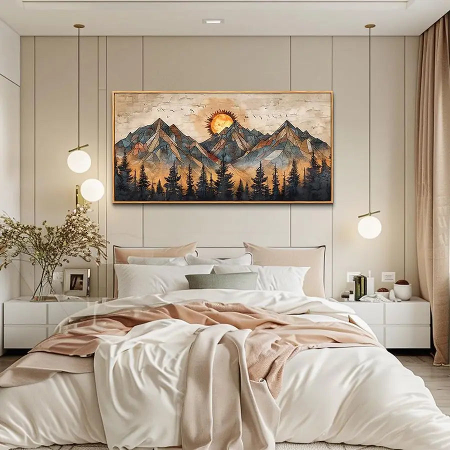 Wood Framed Wall Art Canvas Decor Abstract Boho Mountain Landscape