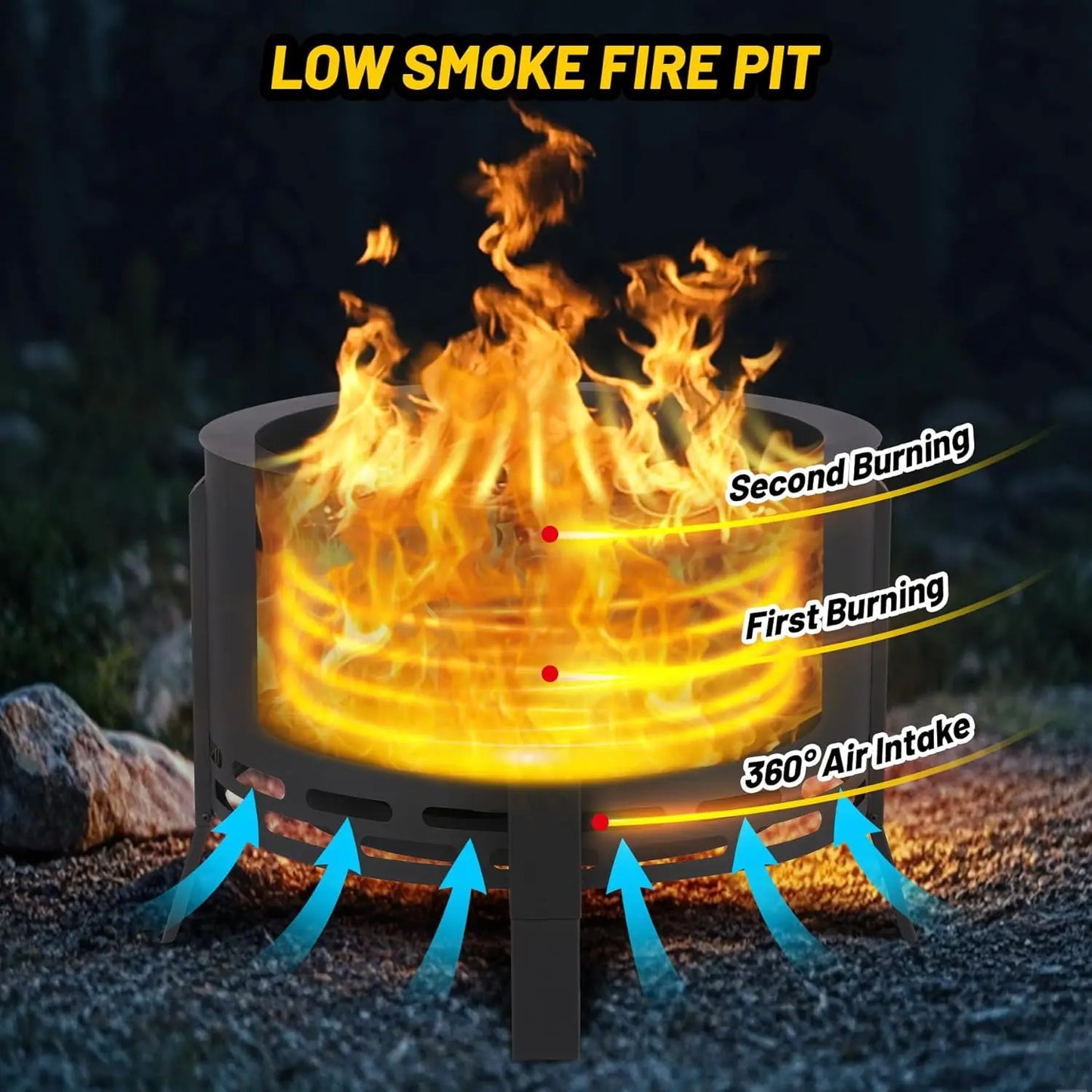 26 Inch Smokeless Firepit- Low Smoke Outdoor Fire Pit with Folding Feet, Multi-Fuel Wood Pellets Charcoal,for Camping Backyard